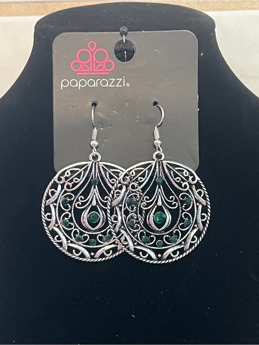 Paparazzi Silver-Tone Filigree Round Earrings with Emerald Stones